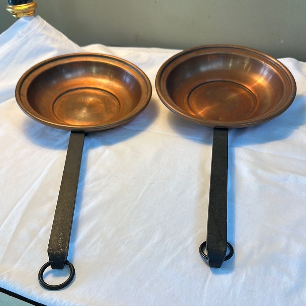 Vintage Copper Frying Pans with Black Handles